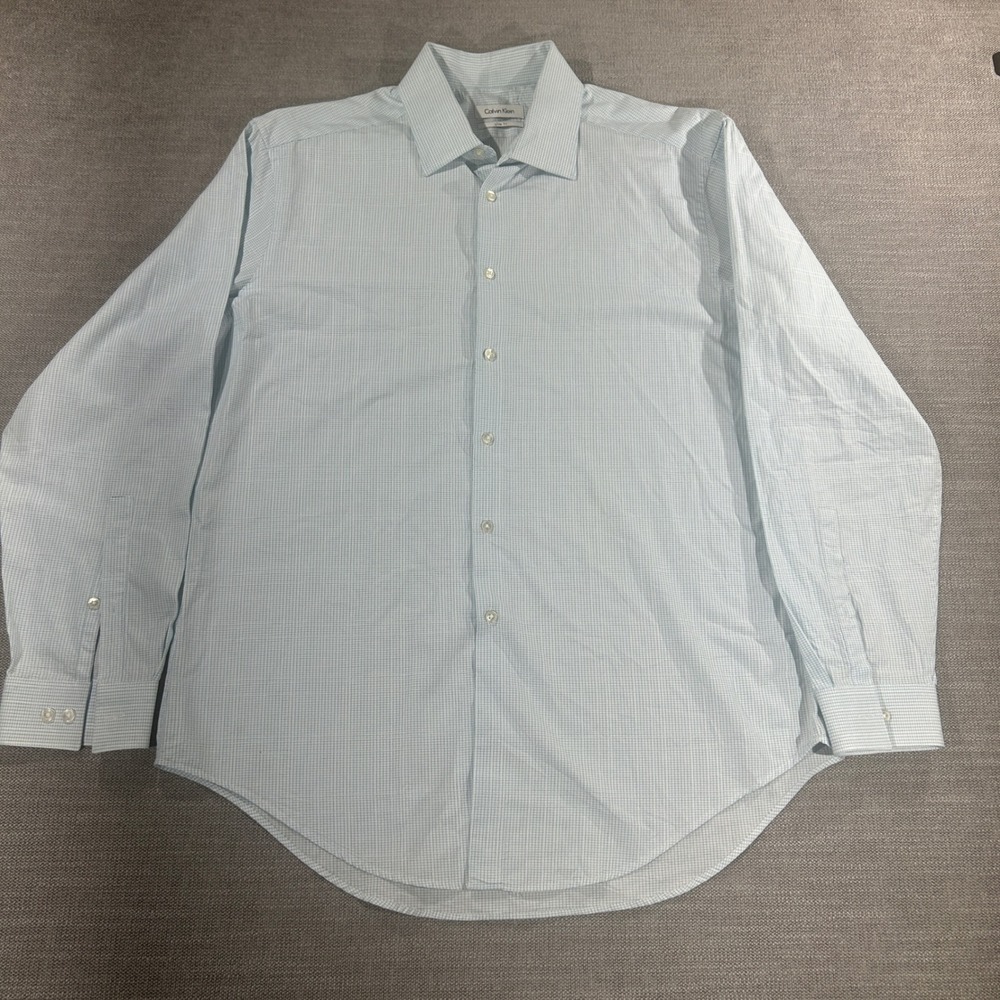 Calvin Klein Dress Shirt Mens 16.5 32/33 Blue Slim Fit Grid Pattern